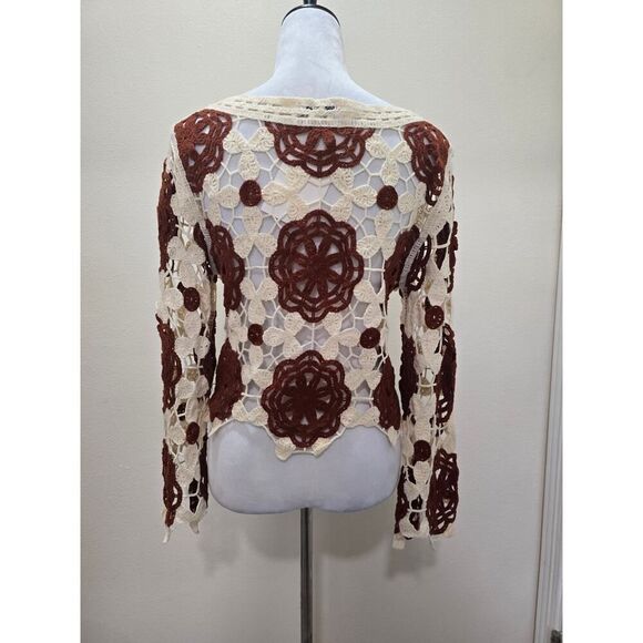 Boho Crochet Lace Knit Top Women's Size L Vintage-Inspired Festival 70's - Picture 3 of 9